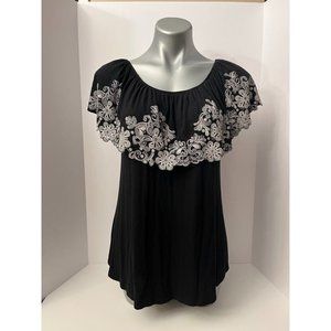 JKLA Sz S Casual Black Women Blouse Ruffled embroidery trim off the shoulder top